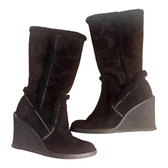Coach Jordana Boots Women 6 M Black Suede Wedge Signature Logo Fur Trim Size 36